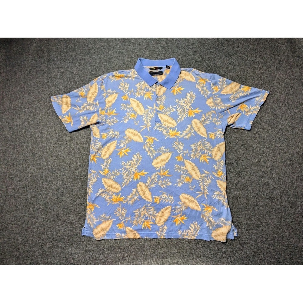 Greg‎ Norman Polo Shirt Mens XXL Blue Floral Design Print Button Dress Vacation